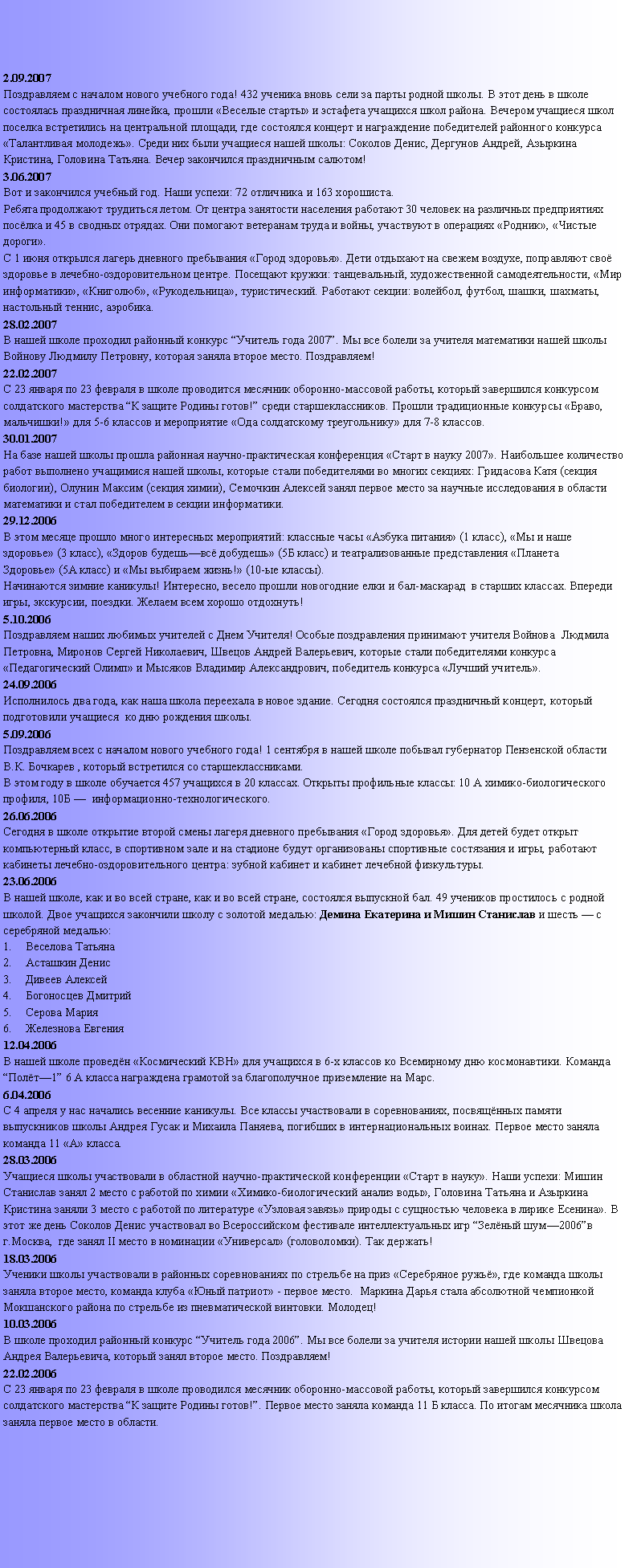 Подпись: 2.09.2007Поздравляем с началом нового учебного года! 432 ученика вновь сели за парты родной школы. В этот день в школе состоялась праздничная линейка, прошли «Веселые старты» и эстафета учащихся школ района. Вечером учащиеся школ поселка встретились на центральной площади, где состоялся концерт и награждение победителей районного конкурса «Талантливая молодежь». Среди них были учащиеся нашей школы: Соколов Денис, Дергунов Андрей, Азыркина Кристина, Головина Татьяна. Вечер закончился праздничным салютом!3.06.2007Вот и закончился учебный год. Наши успехи: 72 отличника и 163 хорошиста.Ребята продолжают трудиться летом. От центра занятости населения работают 30 человек на различных предприятиях посёлка и 45 в сводных отрядах. Они помогают ветеранам труда и войны, участвуют в операциях «Родник», «Чистые дороги». С 1 июня открылся лагерь дневного пребывания «Город здоровья». Дети отдыхают на свежем воздухе, поправляют своё здоровье в лечебно-оздоровительном центре. Посещают кружки: танцевальный, художественной самодеятельности, «Мир информатики», «Книголюб», «Рукодельница», туристический. Работают секции: волейбол, футбол, шашки, шахматы, настольный теннис, аэробика.28.02.2007В нашей школе проходил районный конкурс “Учитель года 2007”. Мы все болели за учителя математики нашей школы Войнову Людмилу Петровну, которая заняла второе место. Поздравляем!22.02.2007С 23 января по 23 февраля в школе проводится месячник оборонно-массовой работы, который завершился конкурсом солдатского мастерства “К защите Родины готов!” среди старшеклассников. Прошли традиционные конкурсы «Браво, мальчишки!» для 5-6 классов и мероприятие «Ода солдатскому треугольнику» для 7-8 классов.30.01.2007На базе нашей школы прошла районная научно-практическая конференция «Старт в науку 2007». Наибольшее количество работ выполнено учащимися нашей школы, которые стали победителями во многих секциях: Гридасова Катя (секция биологии), Олунин Максим (секция химии), Семочкин Алексей занял первое место за научные исследования в области математики и стал победителем в секции информатики.29.12.2006В этом месяце прошло много интересных мероприятий: классные часы «Азбука питания» (1 класс), «Мы и наше здоровье» (3 класс), «Здоров будешь—всё добудешь» (5Б класс) и театрализованные представления «Планета Здоровье» (5А класс) и «Мы выбираем жизнь!» (10-ые классы).Начинаются зимние каникулы! Интересно, весело прошли новогодние елки и бал-маскарад  в старших классах. Впереди игры, экскурсии, поездки. Желаем всем хорошо отдохнуть!5.10.2006Поздравляем наших любимых учителей с Днем Учителя! Особые поздравления принимают учителя Войнова  Людмила Петровна, Миронов Сергей Николаевич, Швецов Андрей Валерьевич, которые стали победителями конкурса «Педагогический Олимп» и Мысяков Владимир Александрович, победитель конкурса «Лучший учитель». 24.09.2006Исполнилось два года, как наша школа переехала в новое здание. Сегодня состоялся праздничный концерт, который подготовили учащиеся  ко дню рождения школы.5.09.2006Поздравляем всех с началом нового учебного года! 1 сентября в нашей школе побывал губернатор Пензенской области В.К. Бочкарев , который встретился со старшеклассниками.В этом году в школе обучается 457 учащихся в 20 классах. Открыты профильные классы: 10 А химико-биологического профиля, 10Б —  информационно-технологического.26.06.2006Сегодня в школе открытие второй смены лагеря дневного пребывания «Город здоровья». Для детей будет открыт компьютерный класс, в спортивном зале и на стадионе будут организованы спортивные состязания и игры, работают кабинеты лечебно-оздоровительного центра: зубной кабинет и кабинет лечебной физкультуры.23.06.2006В нашей школе, как и во всей стране, как и во всей стране, состоялся выпускной бал. 49 учеников простилось с родной школой. Двое учащихся закончили школу с золотой медалью: Демина Екатерина и Мишин Станислав и шесть — с серебряной медалью:Веселова ТатьянаАсташкин ДенисДивеев АлексейБогоносцев ДмитрийСерова МарияЖелезнова Евгения12.04.2006В нашей школе проведён «Космический КВН» для учащихся в 6-х классов ко Всемирному дню космонавтики. Команда “Полёт—1” 6 А класса награждена грамотой за благополучное приземление на Марс.6.04.2006С 4 апреля у нас начались весенние каникулы. Все классы участвовали в соревнованиях, посвящённых памяти выпускников школы Андрея Гусак и Михаила Паняева, погибших в интернациональных воинах. Первое место заняла команда 11 «А» класса. 28.03.2006Учащиеся школы участвовали в областной научно-практической конференции «Старт в науку». Наши успехи: Мишин Станислав занял 2 место с работой по химии «Химико-биологический анализ воды», Головина Татьяна и Азыркина  Кристина заняли 3 место с работой по литературе «Узловая завязь» природы с сущностью человека в лирике Есенина». В этот же день Соколов Денис участвовал во Всероссийском фестивале интеллектуальных игр “Зелёный шум—2006”в г.Москва,  где занял II место в номинации «Универсал» (головоломки). Так держать!18.03.2006Ученики школы участвовали в районных соревнованиях по стрельбе на приз «Серебряное ружьё», где команда школы заняла второе место, команда клуба «Юный патриот» - первое место.  Маркина Дарья стала абсолютной чемпионкой Мокшанского района по стрельбе из пневматической винтовки. Молодец!10.03.2006В школе проходил районный конкурс “Учитель года 2006”. Мы все болели за учителя истории нашей школы Швецова Андрея Валерьевича, который занял второе место. Поздравляем!22.02.2006С 23 января по 23 февраля в школе проводился месячник оборонно-массовой работы, который завершился конкурсом солдатского мастерства “К защите Родины готов!”. Первое место заняла команда 11 Б класса. По итогам месячника школа заняла первое место в области.
